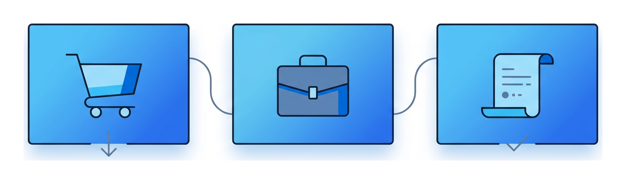 Three rectangular tiles in a row containing a shopping cart, a briefcase, and a document scroll