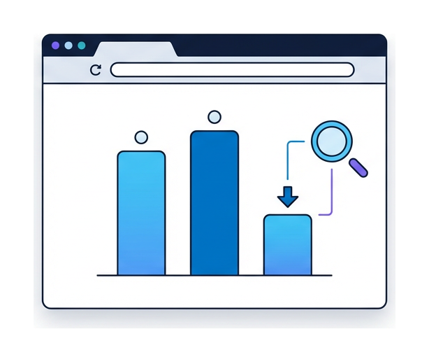 A browser window with three vertical price-bar columns and a small magnifying glass and arrow near one column, representing price monitoring