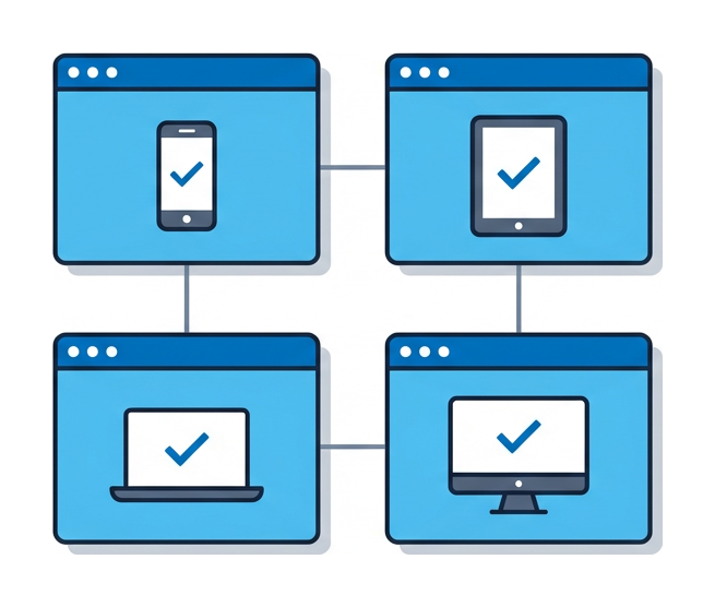 A two-by-two grid of browser windows each labelled with a different device icon and tiny checkmarks