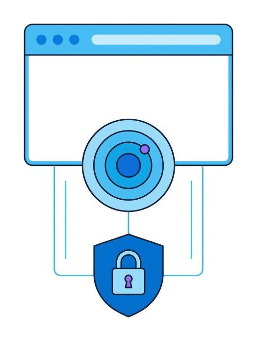 A flat vertical stack: a browser window on top, concentric onion rings in the middle, a padlock shield at the bottom, connected by thin lines