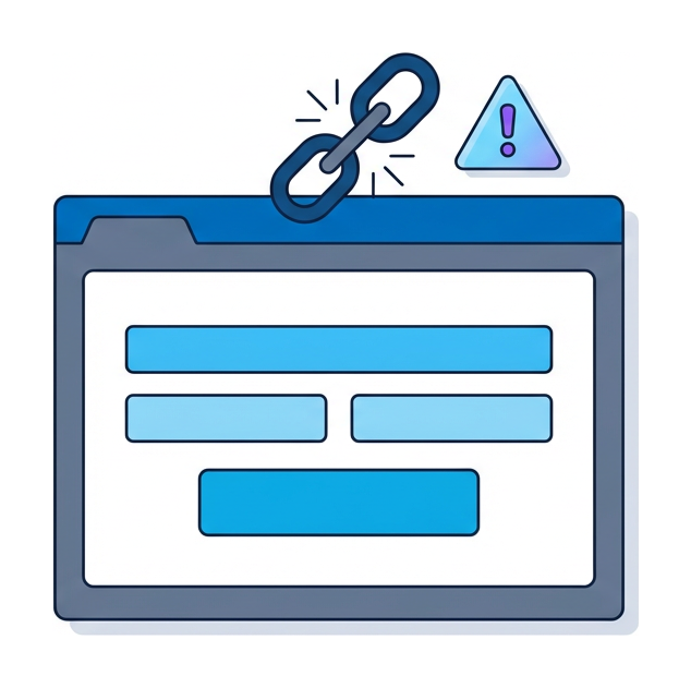 A flat browser window with form fields inside and a broken chain link plus a warning triangle hovering above the header