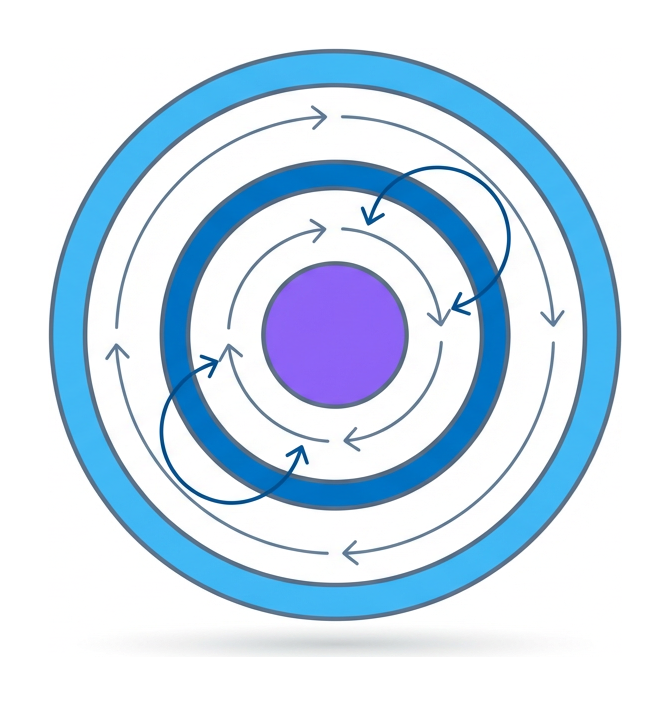 Three concentric nested circles with thin arrows looping between them, representing Tor relay nodes