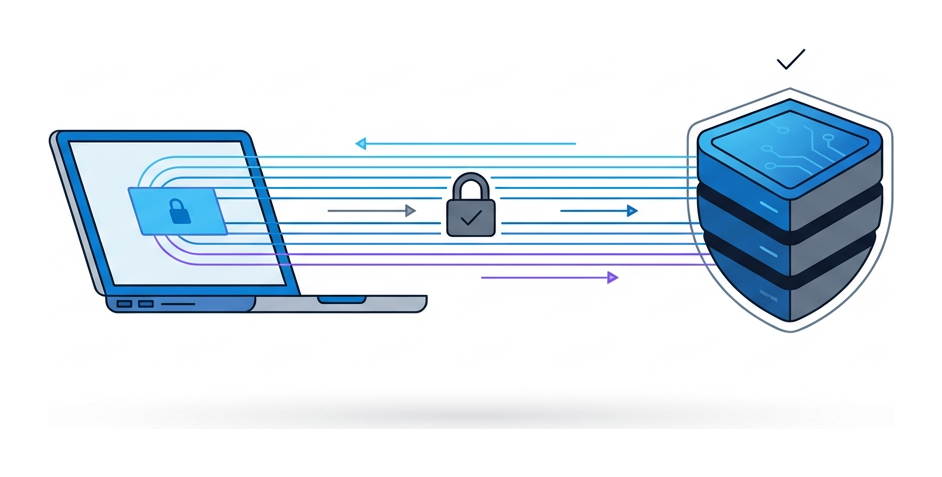 A laptop on the left connected via a tunnel of thin lines to a shield-shaped server on the right, with a small padlock in the middle