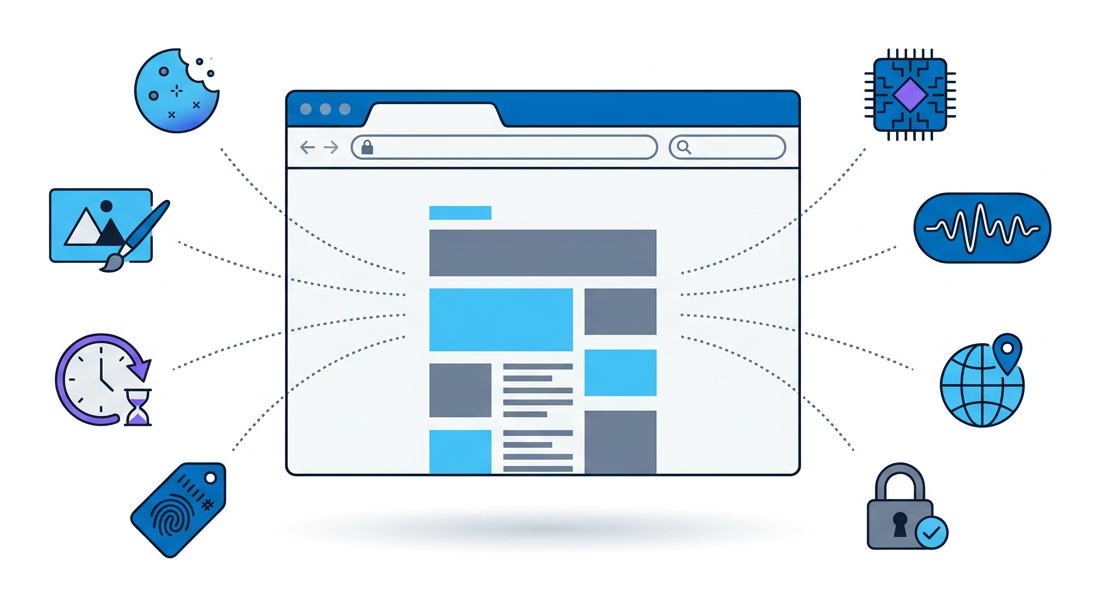 A flat browser window with eight dotted lines fanning out to icons around it: a cookie, a canvas rectangle with triangle, a GPU chip, a soundwave, a globe, a padlock, a tag, and a clock