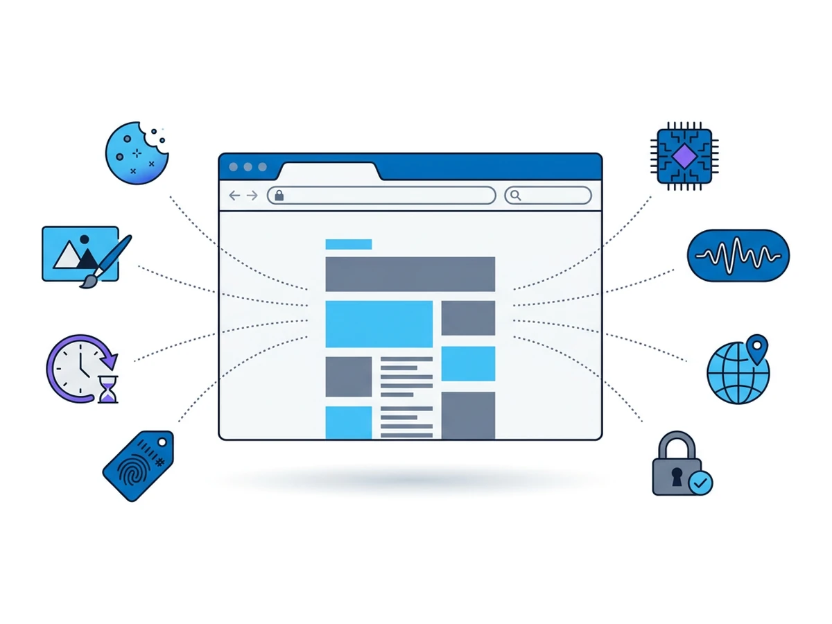 A flat browser window with eight dotted lines fanning out to icons around it: a cookie, a canvas rectangle with triangle, a GPU chip, a soundwave, a globe, a padlock, a tag, and a clock