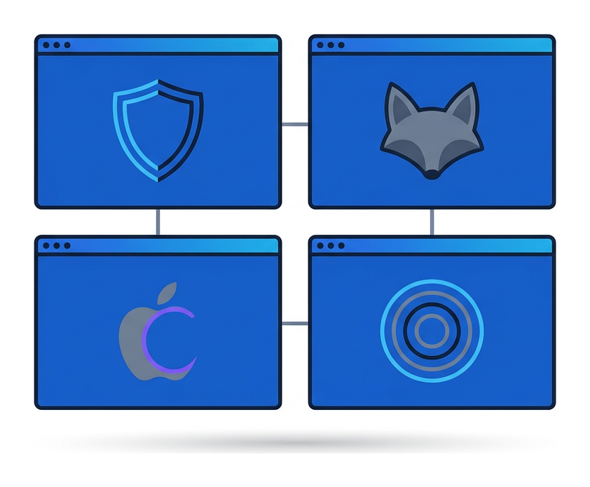 Four browser windows arranged in a 2x2 grid, each containing a different privacy mechanism sigil: a shield over ad rectangles, a fox-ear next to partitioned cookies, an apple-leaf above a clock, and concentric onion rings