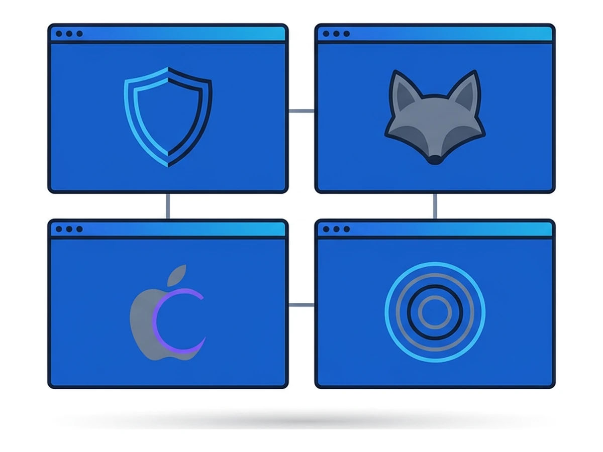Four browser windows arranged in a 2x2 grid, each containing a different privacy mechanism sigil: a shield over ad rectangles, a fox-ear next to partitioned cookies, an apple-leaf above a clock, and concentric onion rings