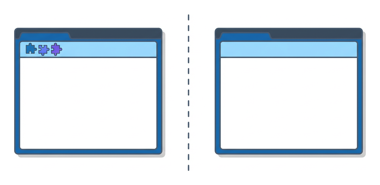 Two browser windows side by side, one with three puzzle piece icons, the other empty, a dashed separator between them