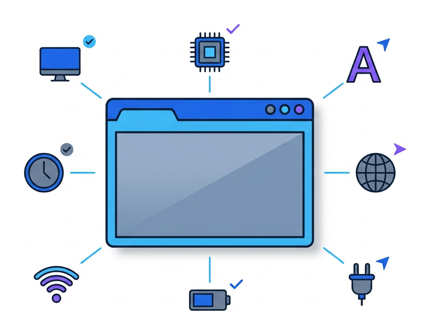 A browser surrounded by annotated attribute icons representing eight detectable device and browser characteristics