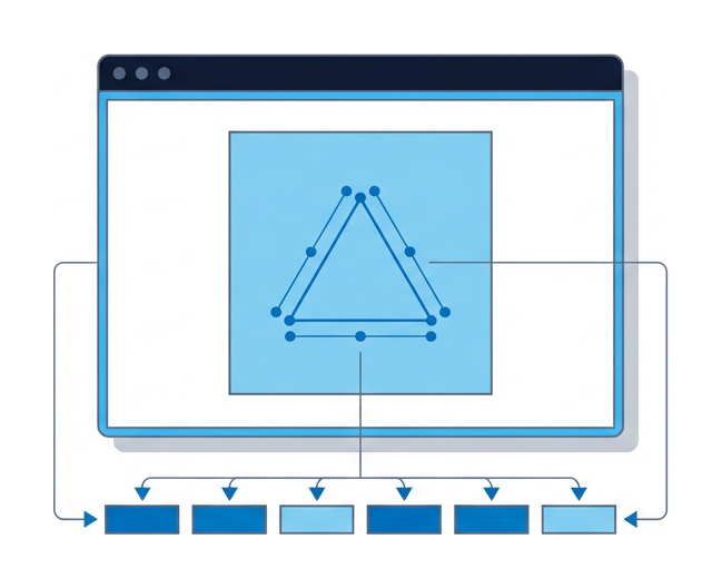 A browser containing a canvas area where a triangle is being traced by measurement dots, with a row of rectangles below representing the resulting hash