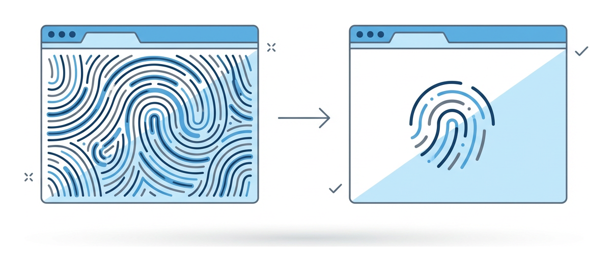 Two browser windows side by side, each showing a different fingerprint pattern, with an arrow between them indicating the comparison