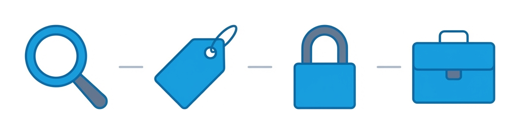 Four outlined icons in a row (magnifying glass, price tag, padlock, briefcase) representing analytics vendors, ad networks, fraud systems, and data brokers