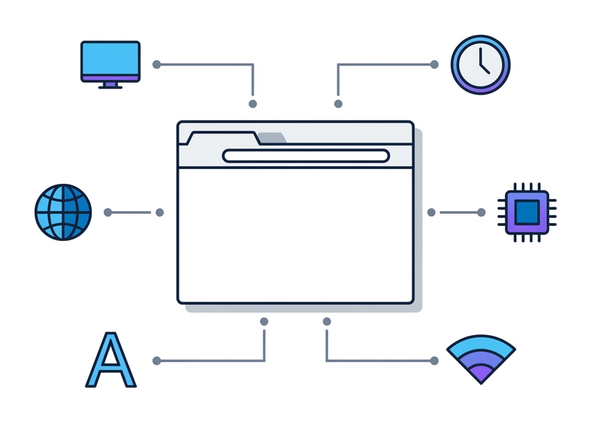 A browser window with six attribute icons (screen, chip, font, clock, globe, signal) tagged around it showing the traits it exposes