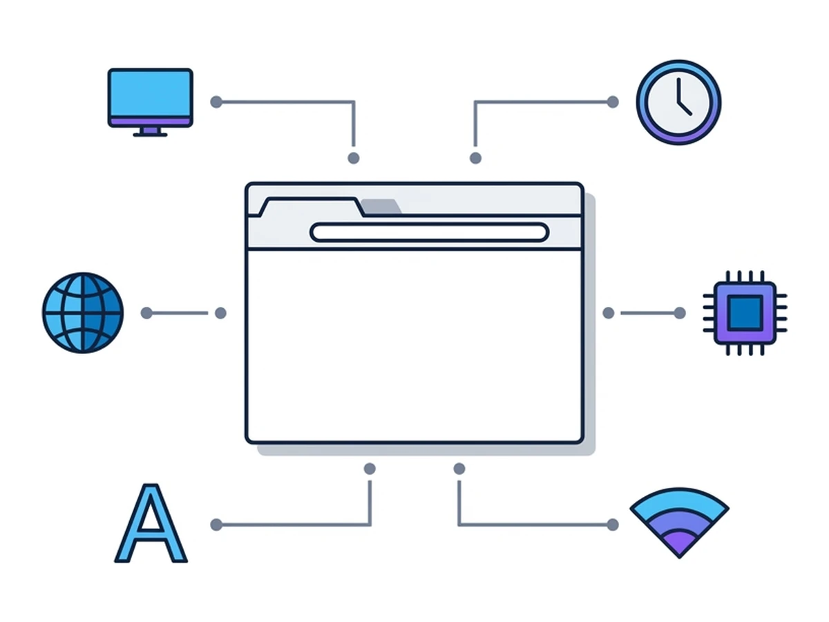 A browser window with six attribute icons (screen, chip, font, clock, globe, signal) tagged around it showing the traits it exposes