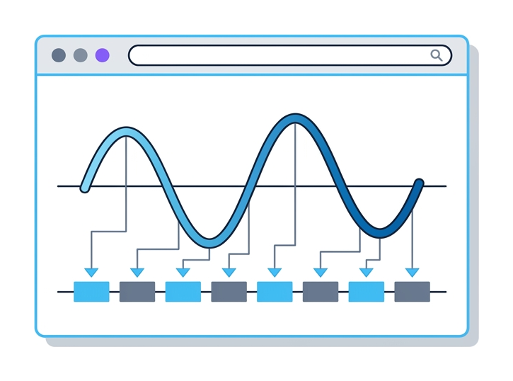 A browser window containing a clean sine wave traced across a horizontal axis, with a row of rectangles below representing a stable hash output