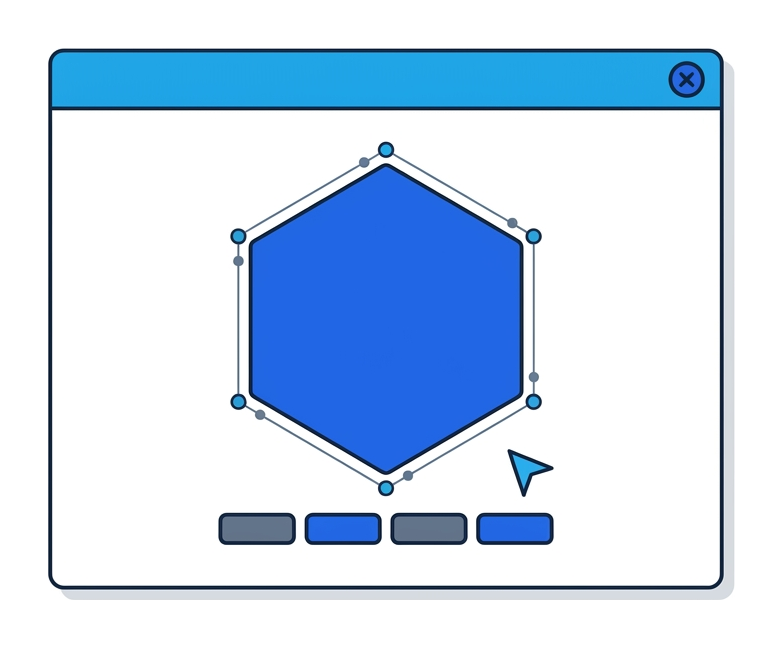 A browser window containing a hexagonal canvas area with measurement dots tracing its edges, and a row of slate rectangles below representing the resulting hash