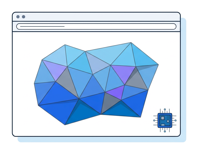 A browser window containing a low-poly triangulated mesh shape made of thin connected triangles, with a small chip icon in the corner