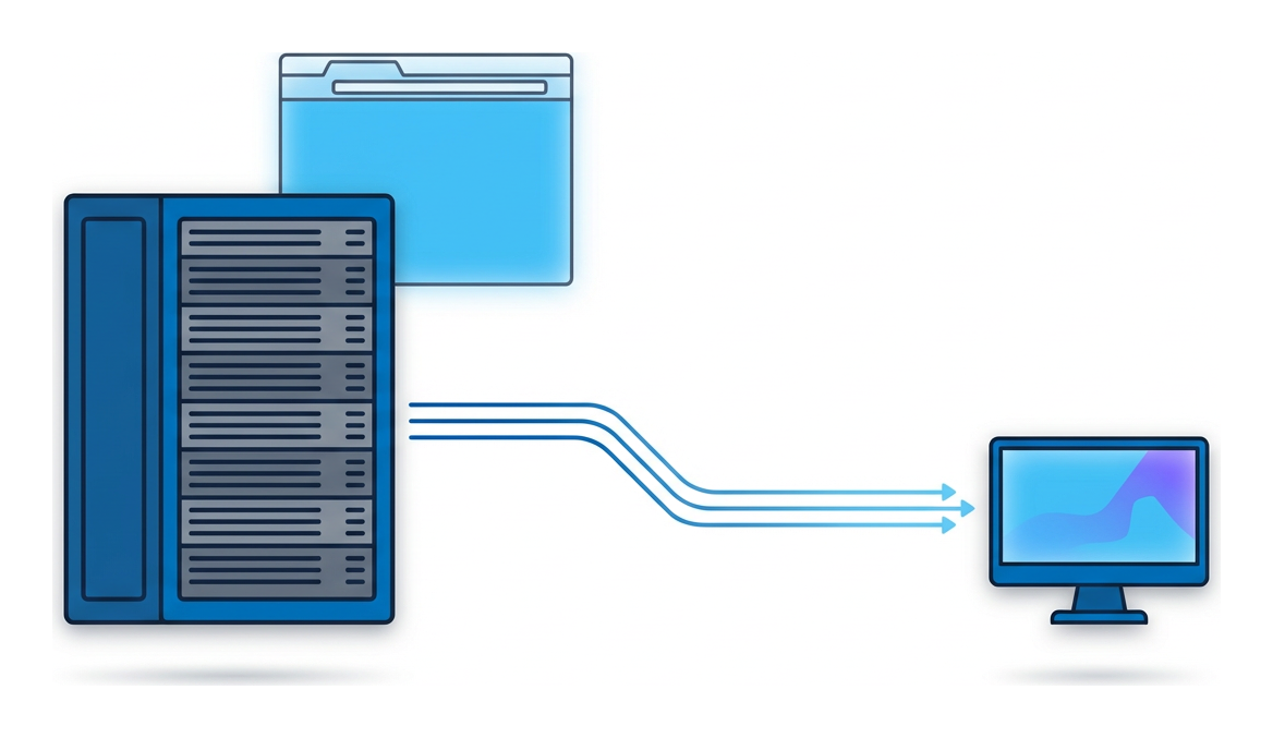 A server rack streaming pixels through thin parallel lines to a small monitor, with a browser window hovering above the rack