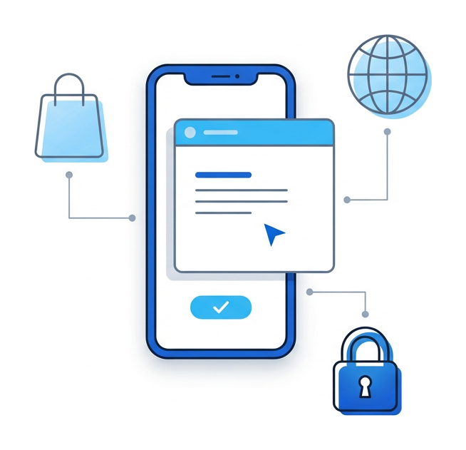 A smartphone showing a browser window with small satellite icons for shopping, browsing, and security floating around it