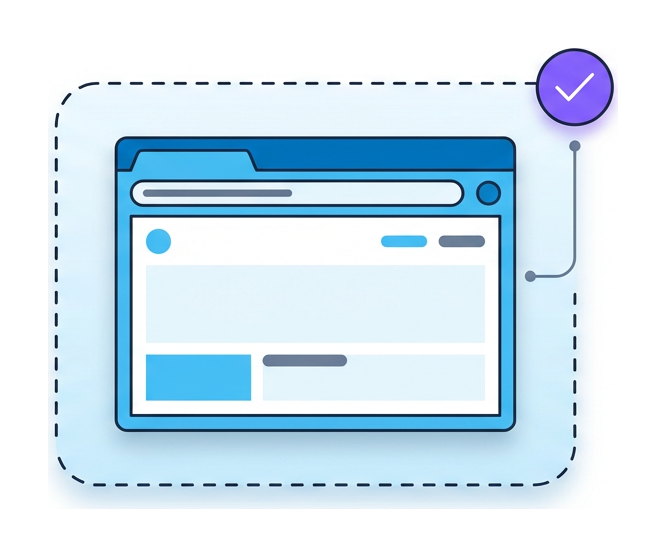 A flat browser window enclosed in a rounded dashed isolation container with a small check-circle badge at the top-right