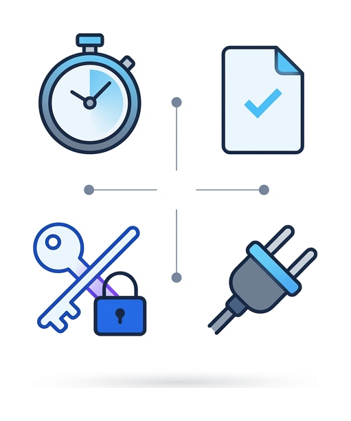 Four icons in a two-by-two grid: a stopwatch, a document with a checkmark, a key with a padlock, and a plug connector