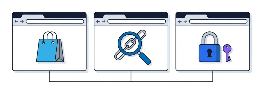 Three browser window tiles in a row, each showing a purpose-specific icon: a shopping bag, a magnifying glass over a link, and a padlock with a key