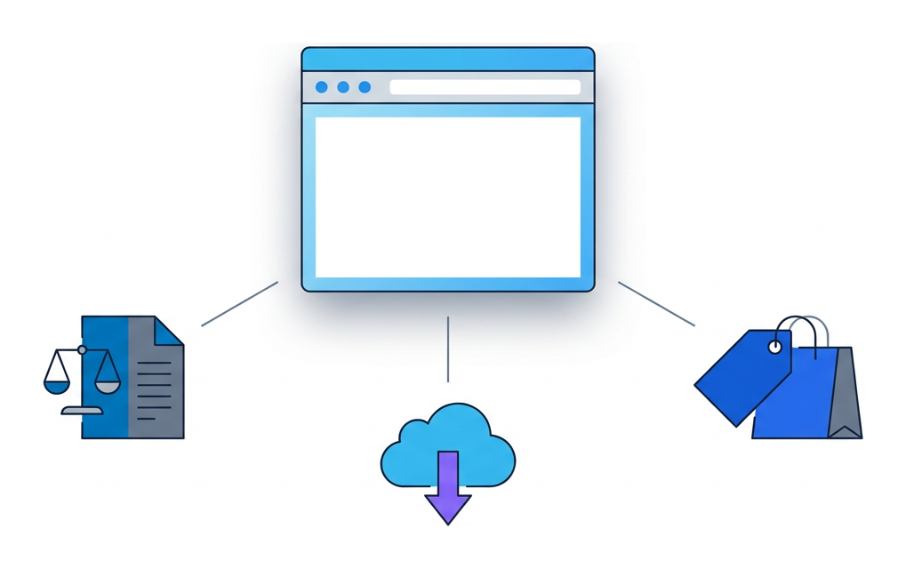 A browser window in the centre with three channel icons fanning out: a scales document, a cloud with an arrow, and a price tag with a shopping bag