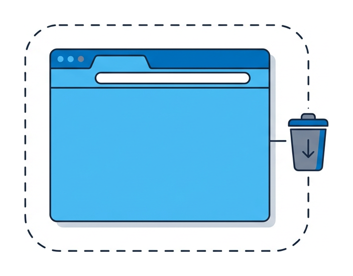 A browser window enclosed inside a dashed rounded container with a small trash bin icon attached to the side