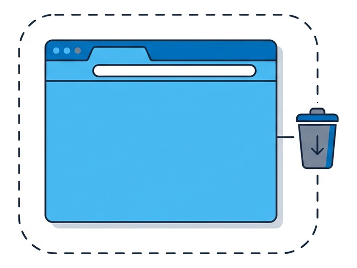 A browser window enclosed inside a dashed rounded container with a small trash bin icon attached to the side