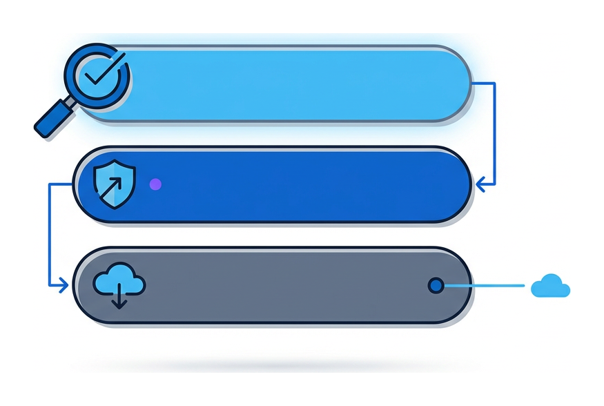 Three horizontal rectangular strips stacked vertically, each labelled with a small icon: magnifying glass, shield, and cloud