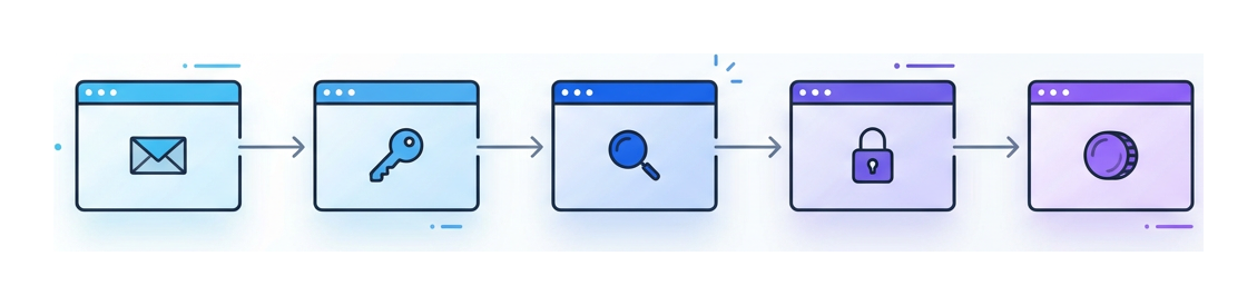 Five browser windows arranged horizontally with arrows between them, each labelled with a small icon for a different attack phase