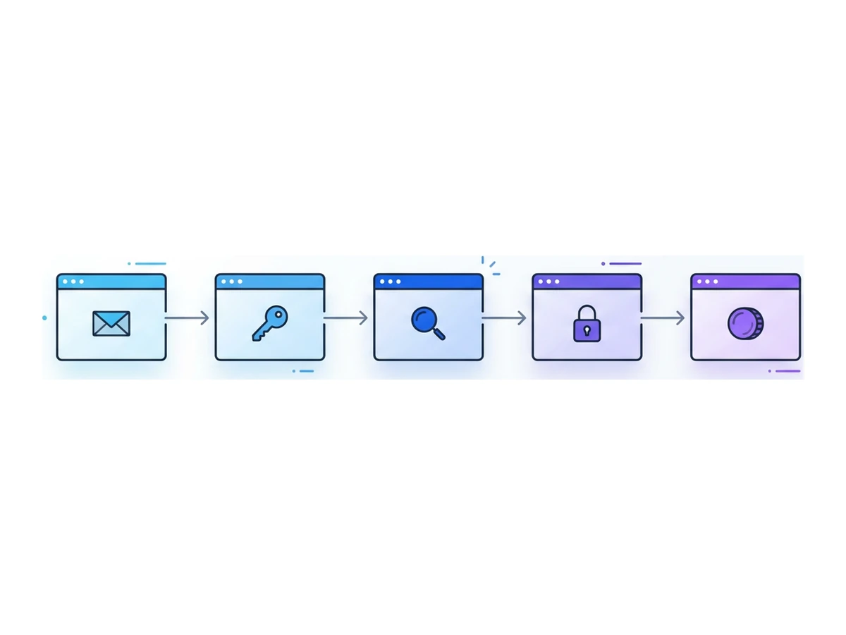 Five browser windows arranged horizontally with arrows between them, each labelled with a small icon for a different attack phase
