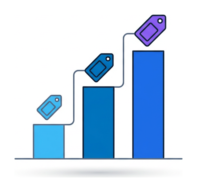 A flat ascending bar chart with three bars of increasing height, each topped with a progressively larger price-tag icon