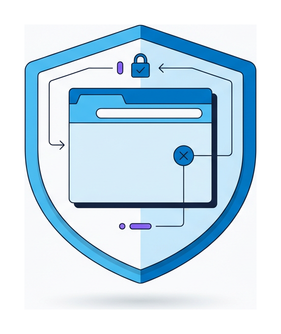 A browser window enclosed inside a larger shield-shaped outline