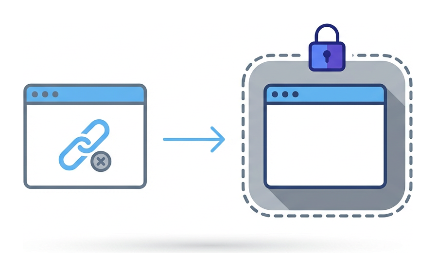 A browser window containing a suspicious link icon, an arrow leading to a second browser inside a dashed quarantine box with a padlock above