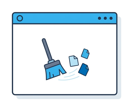 A browser window with a small broom icon sweeping away three tiny document icons inside the window
