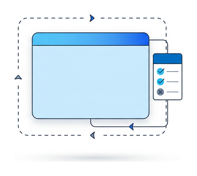 A browser window enclosed inside a dashed rounded container with a small checklist attached to the right side