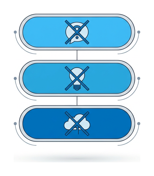 Three flat pill-shaped bars stacked vertically, each containing a small myth icon crossed out with an X to mark it as false