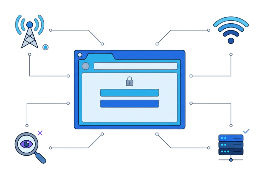 A browser window in the centre with four icons around it: an antenna tower, a wifi signal, a magnifying glass, and a server rack
