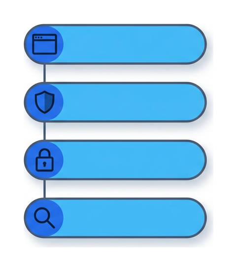 Four flat horizontal pill-shaped bars stacked vertically, each labelled on the left with a browser, shield, padlock, and magnifying-glass icon