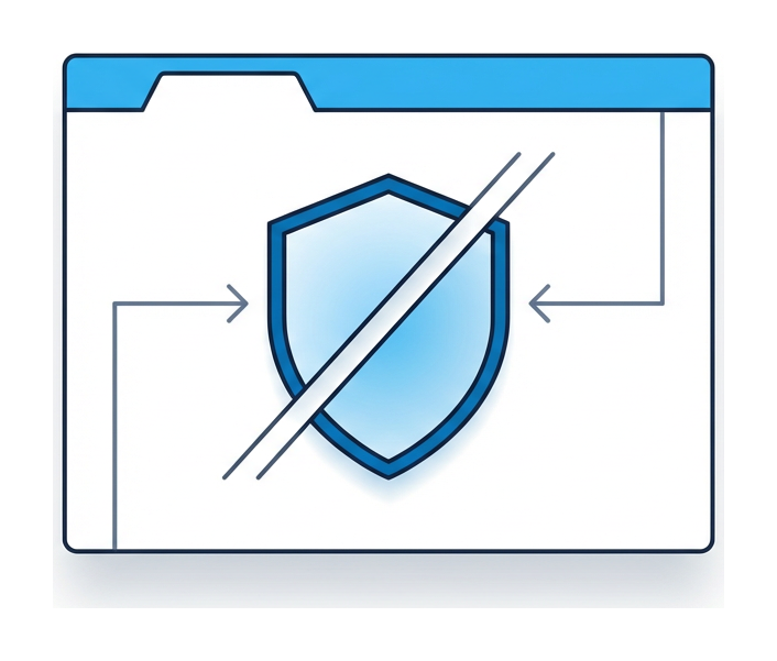 A browser with a shield icon in front of it, the shield marked with a diagonal line indicating partial protection
