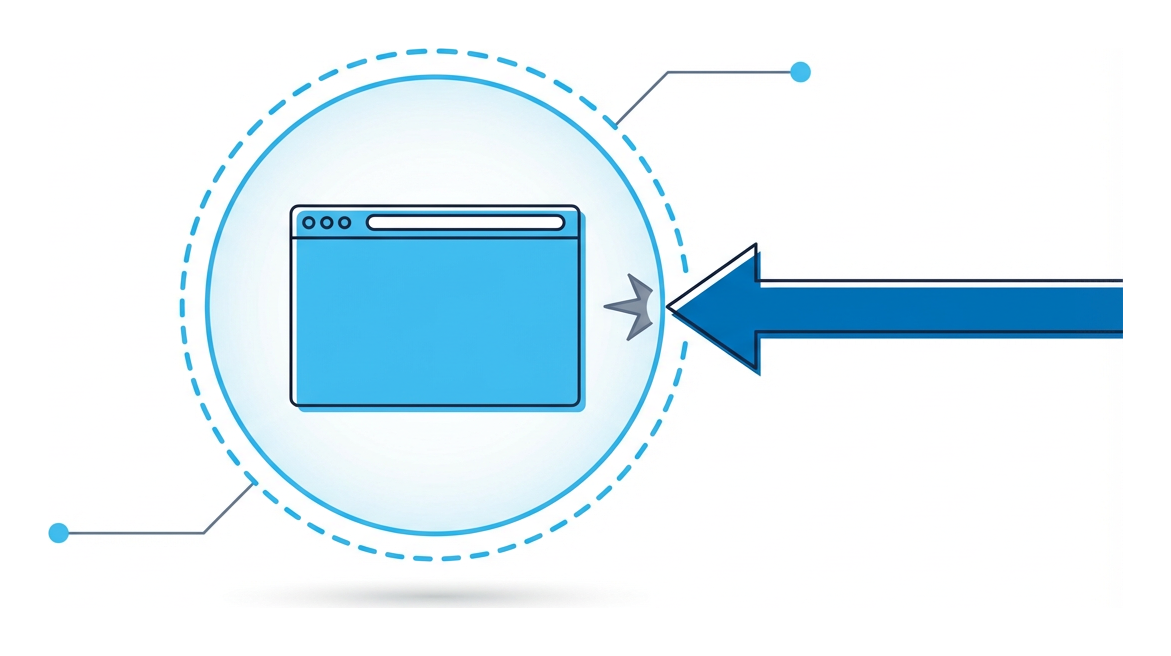 A browser window inside a dashed bubble, a second dashed arrow coming from outside the bubble stopping at its edge