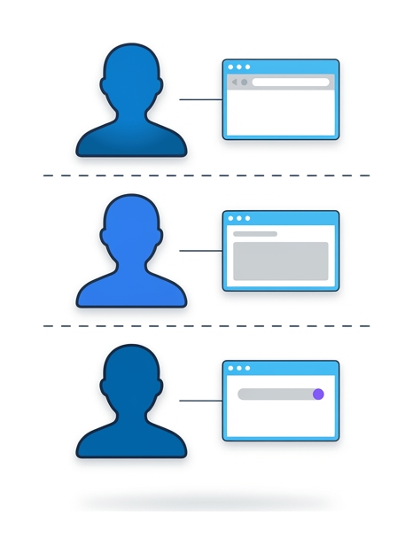 Three profile silhouettes stacked vertically, each with its own small browser outline and a dashed separator between profiles