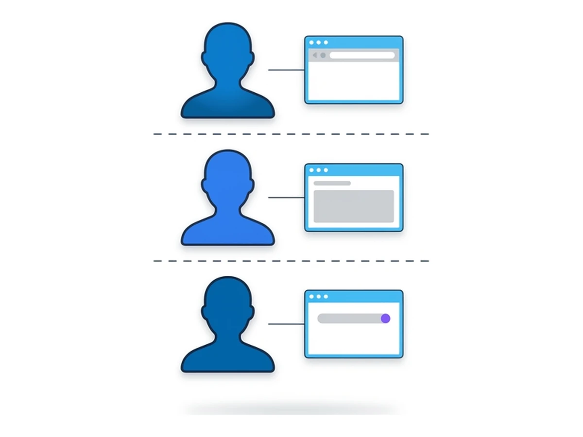 Three profile silhouettes stacked vertically, each with its own small browser outline and a dashed separator between profiles
