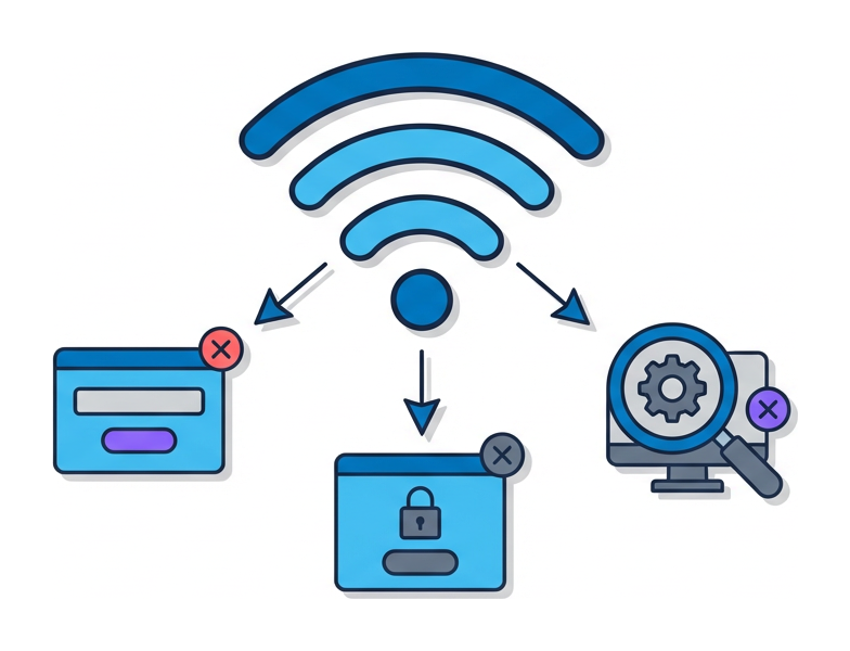 A Wi-Fi signal icon with three arrows branching out to three risk icons: a fake login page, a captive portal, and a device scan