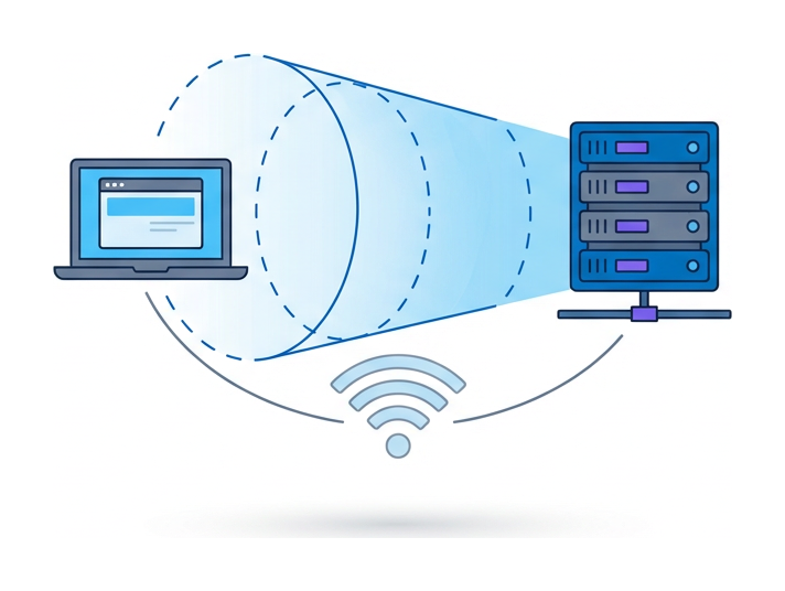 A laptop with a dashed tunnel emerging from the Wi-Fi symbol leading to a server icon