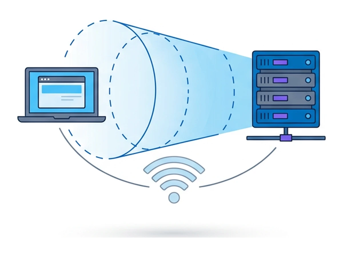 A laptop with a dashed tunnel emerging from the Wi-Fi symbol leading to a server icon