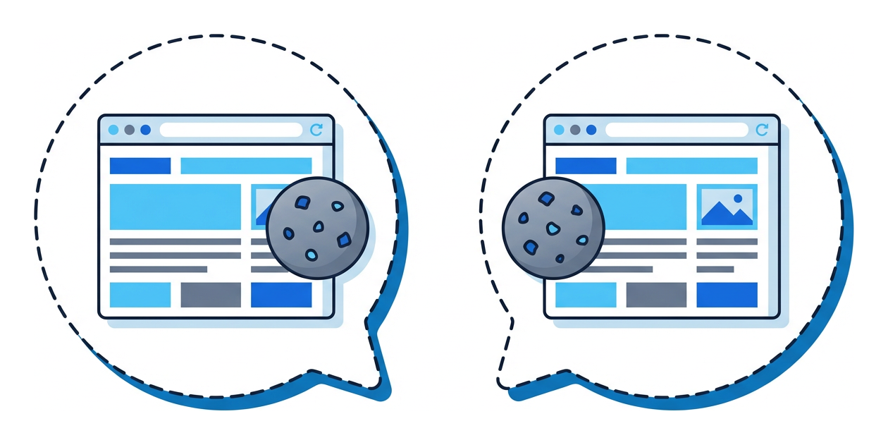 Two sealed bubbles side by side, each containing a browser with its own cookie icon, no connection between the bubbles