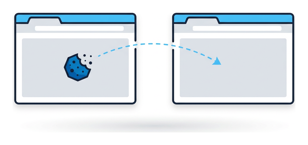 A stylized browser with a cookie shape being transferred via an arrow to a second browser on the other side