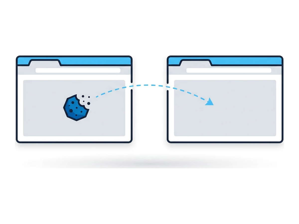 A stylized browser with a cookie shape being transferred via an arrow to a second browser on the other side